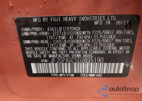 2013 Subaru Xv Crosstrek 2.0I Limited из США, поврежденный, VIN JF2GPAGC5D2895190